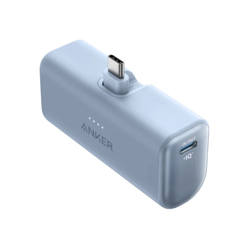 Blue Anker Nano A1653 5K power bank with its foldable USB-C connector extended.