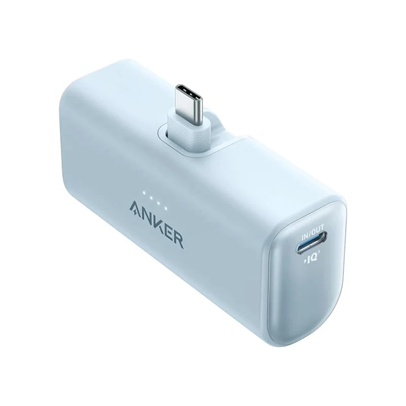 Grayish Blue Anker Nano A1653 5K power bank with its foldable USB-C connector extended.