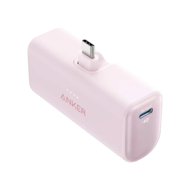 Pink Anker Nano A1653 5K power bank with its foldable USB-C connector extended.
