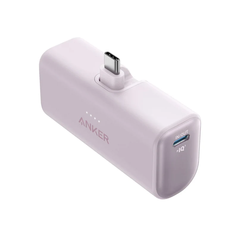Purple Anker Nano A1653 5K power bank with its foldable USB-C connector extended.