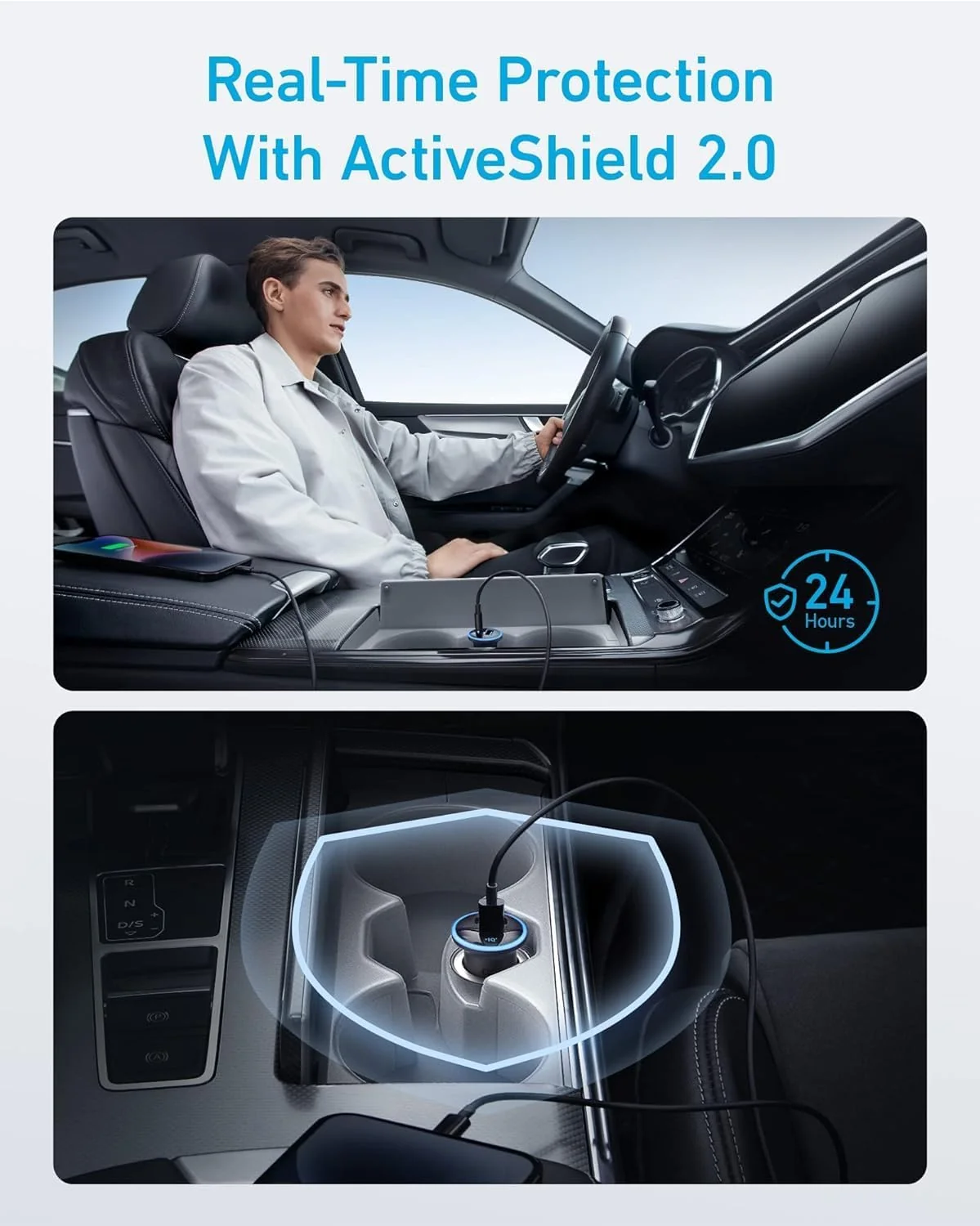 Anker illustration of ActiveShield 2.0 temperature monitoring on the 323 car charger.