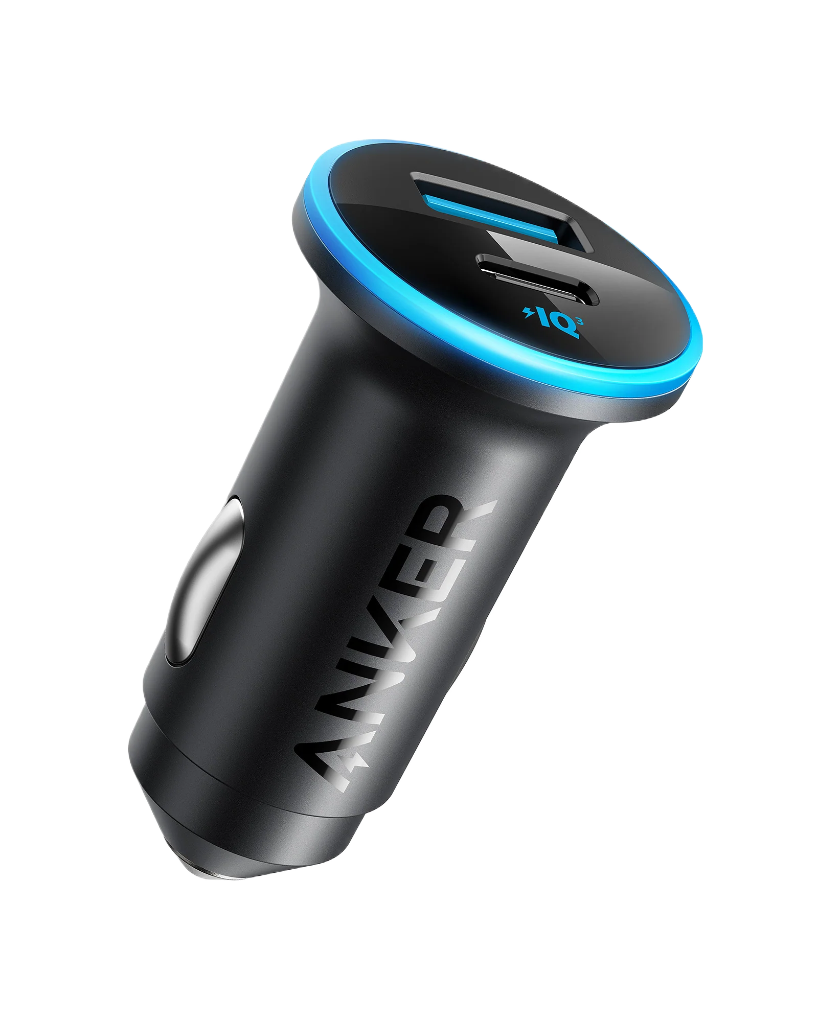 Black Anker 323 car charger showing its USB-C and USB-A ports and illuminated ring.