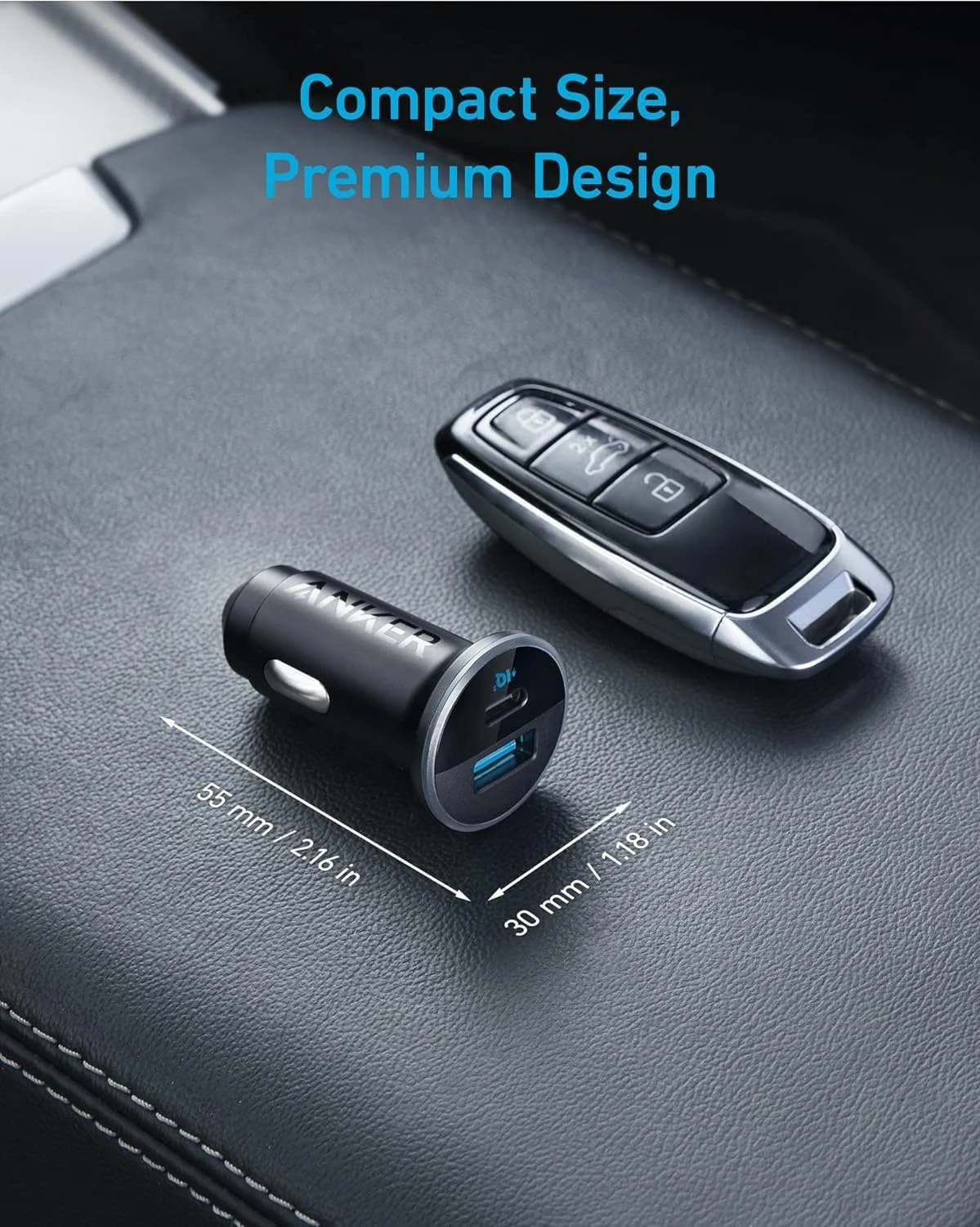 Anker 323 beside a car key, with manufacturer dimensions shown.