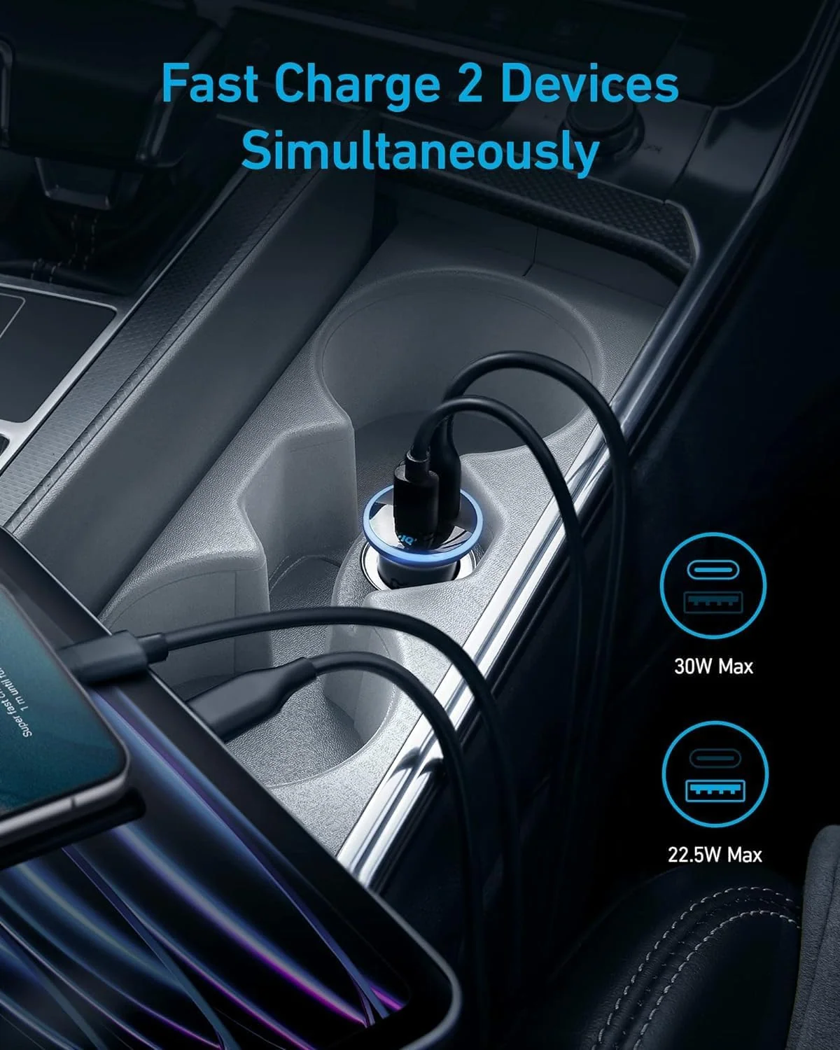 Anker 323 charging two devices from USB-C and USB-A in a vehicle; example cables and devices are not included.
