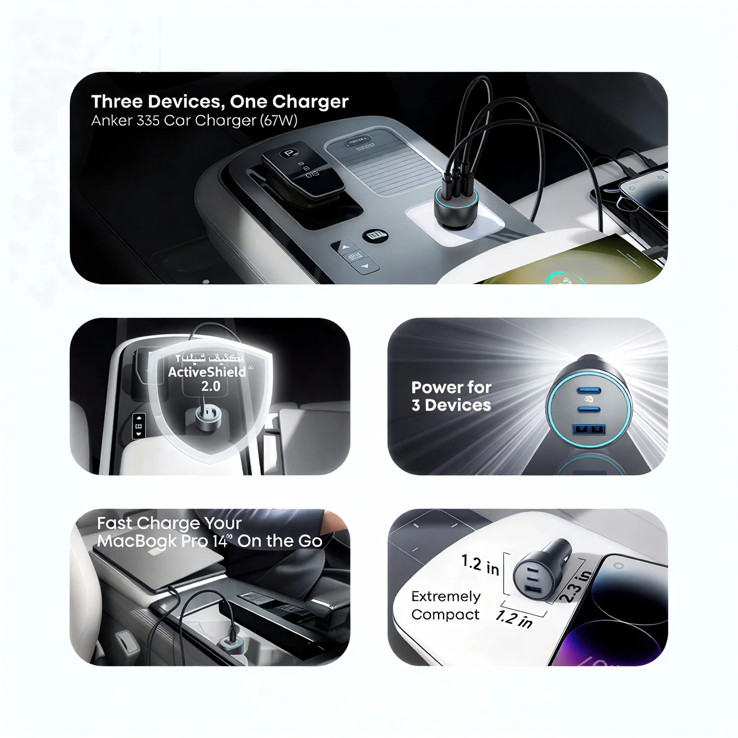 Official Anker 335 collage illustrating its three ports, car use, compact size and ActiveShield protection.
