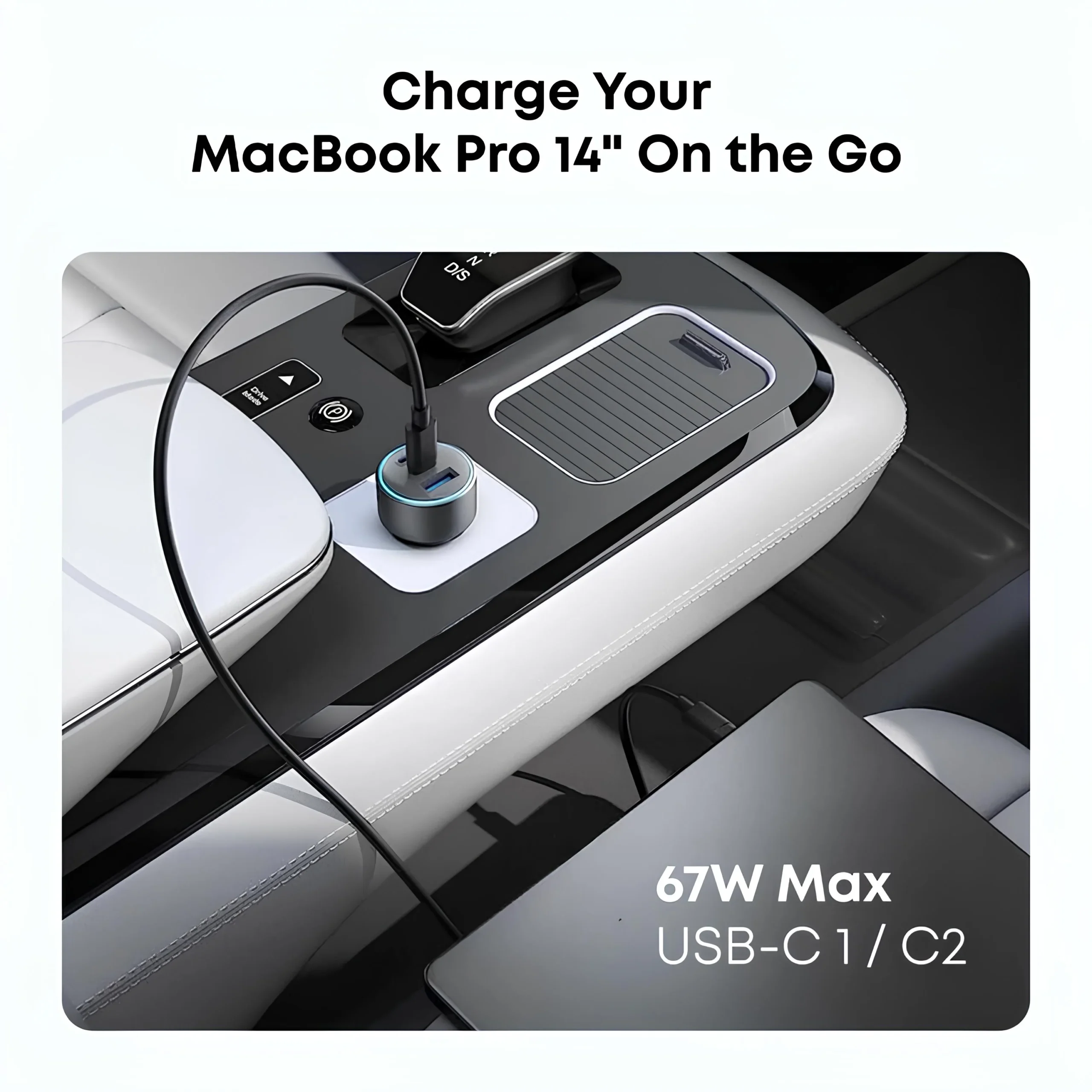 Official Anker illustration of the 335 charging a compatible USB-C laptop in a car; example devices and cables are not included.