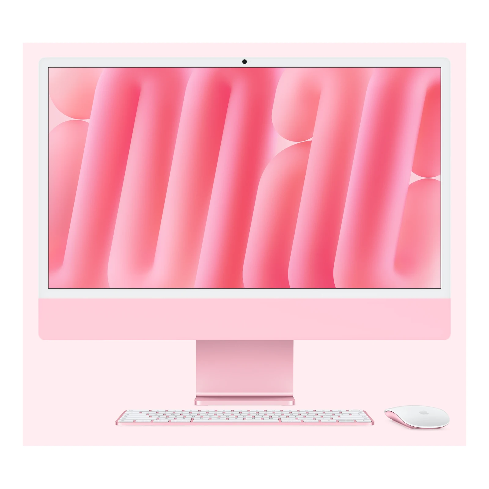 Apple iMac 24-inch M6 in Pink — front view with matching accessories