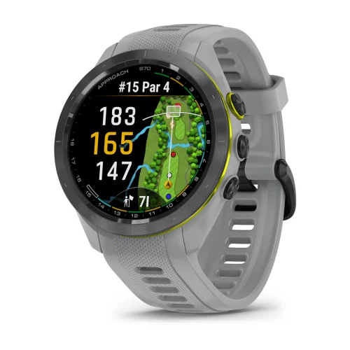 Garmin Approach S70 42mm with Powder Gray silicone band, angled watch face