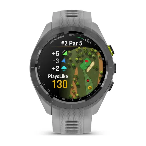 Garmin Approach S70 42mm with Powder Gray silicone band, front golf display