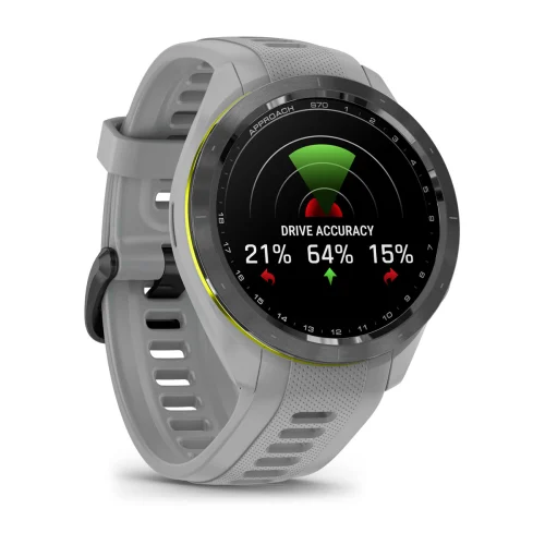 Garmin Approach S70 42mm with Powder Gray silicone band, opposite angled watch display