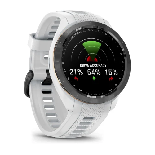 Garmin Approach S70 42mm with White silicone band, opposite angled watch display