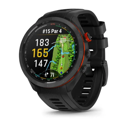 Garmin Approach S70 47mm with Black silicone band, angled watch face