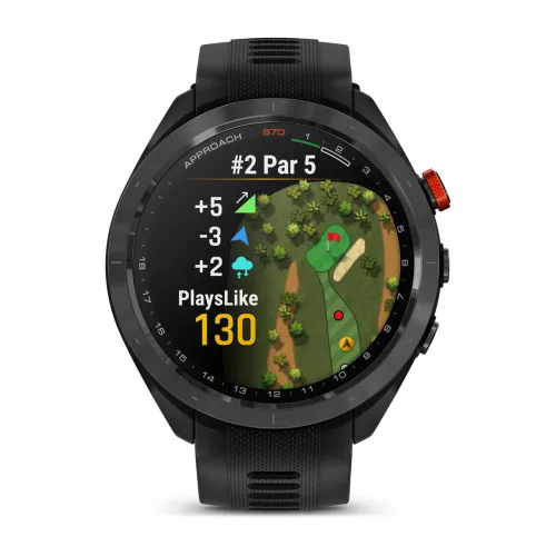 Garmin Approach S70 47mm with Black silicone band, front golf display