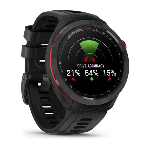 Garmin Approach S70 47mm with Black silicone band, opposite angled watch display