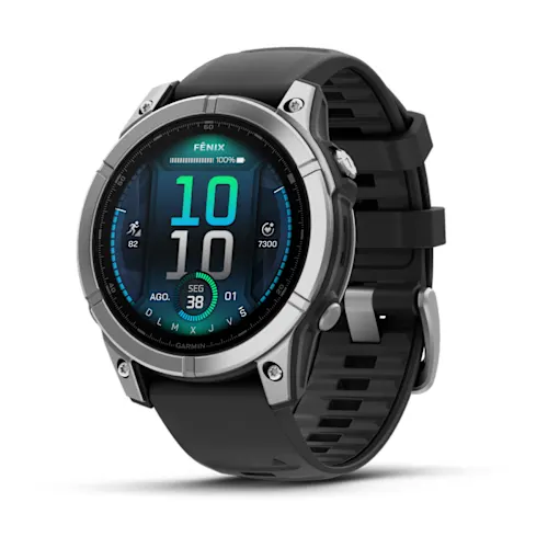 Garmin fēnix E with Silver steel bezel and Black silicone band, angled watch face