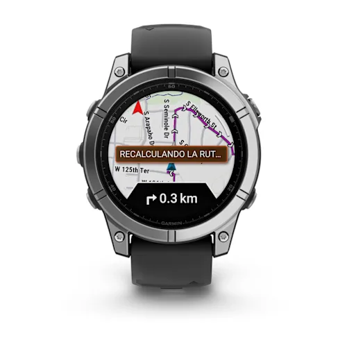 Garmin fēnix E with Silver steel bezel and Black silicone band, front route-navigation display