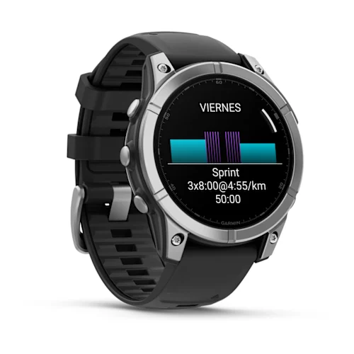 Garmin fēnix E with Silver steel bezel and Black silicone band, opposite angled workout display