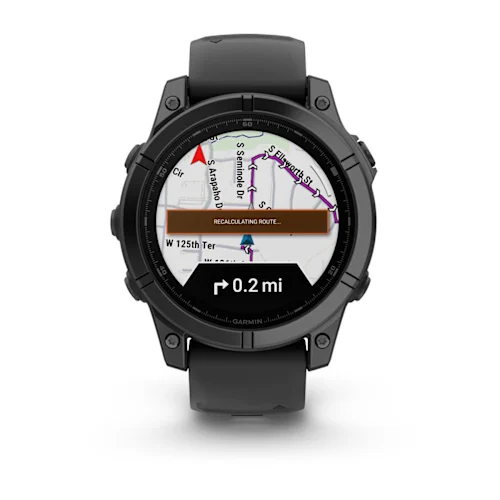 Garmin fēnix E with Slate steel bezel and Black silicone band, front route-navigation display
