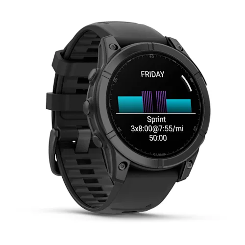 Garmin fēnix E with Slate steel bezel and Black silicone band, opposite angled workout display