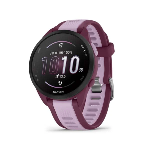 Garmin Forerunner 165 Music in Berry with Lilac silicone band, angled watch face