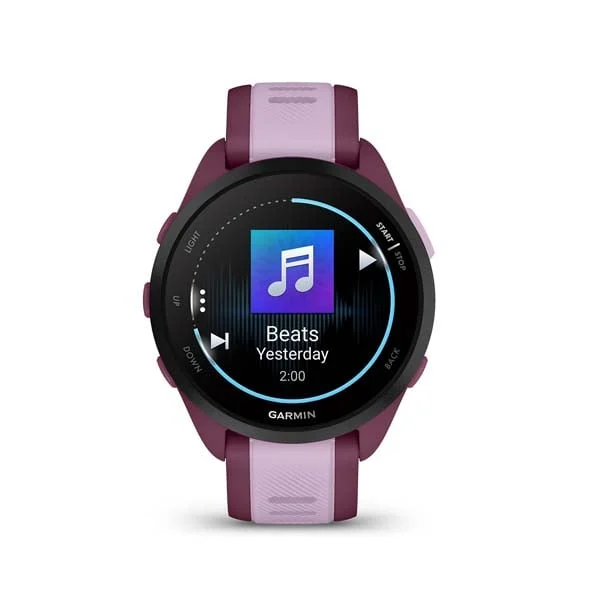 Garmin Forerunner 165 Music in Berry with Lilac silicone band, front music-player display