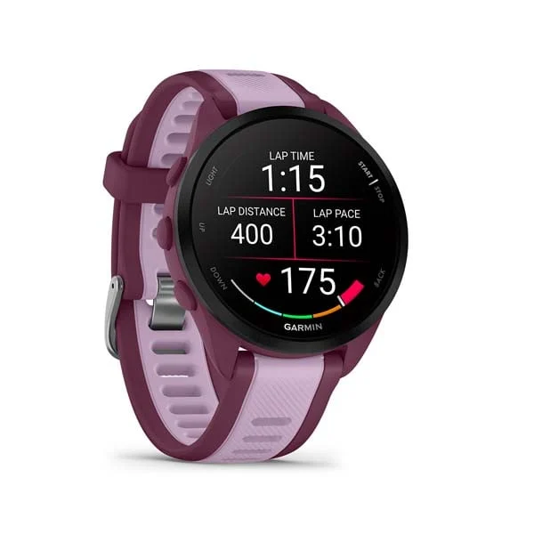 Garmin Forerunner 165 Music in Berry with Lilac silicone band, angled lap-time display