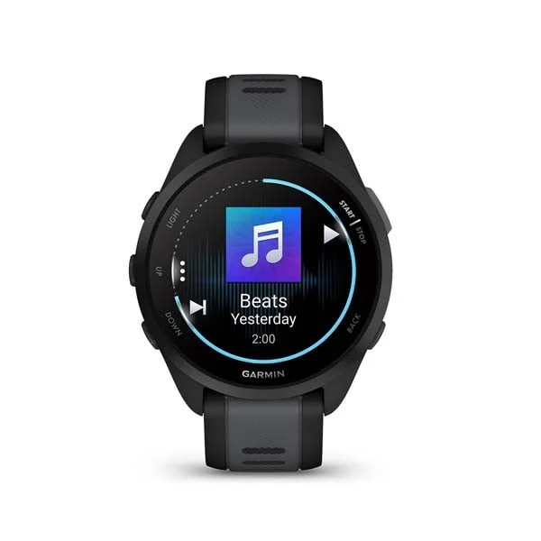 Garmin Forerunner 165 Music in Black with Slate Gray silicone band, front music-player display