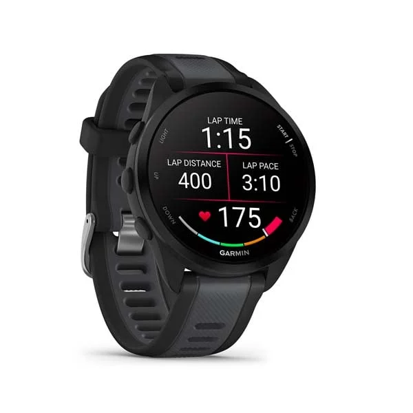 Garmin Forerunner 165 Music in Black with Slate Gray silicone band, angled lap-time display