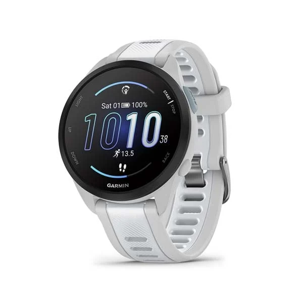 Garmin Forerunner 165 Music in Mist Grey with Whitestone silicone band, angled watch face