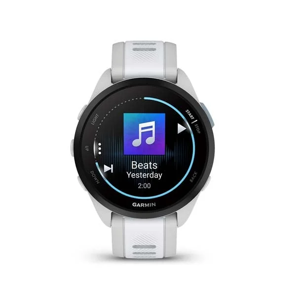Garmin Forerunner 165 Music in Mist Grey with Whitestone silicone band, front music-player display