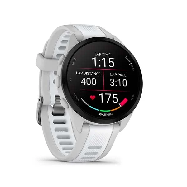 Garmin Forerunner 165 Music in Mist Grey with Whitestone silicone band, angled lap-time display