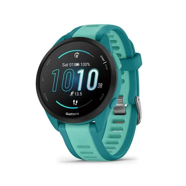 Garmin Forerunner 165 Music in Turquoise with Aqua silicone band, angled watch face
