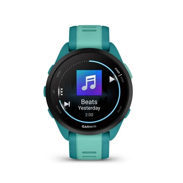 Garmin Forerunner 165 Music in Turquoise with Aqua silicone band, front music-player display