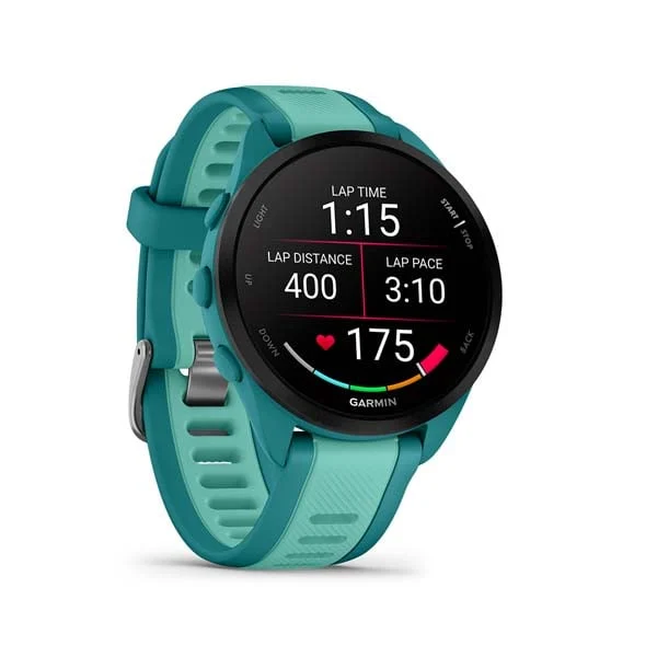 Garmin Forerunner 165 Music in Turquoise with Aqua silicone band, angled lap-time display