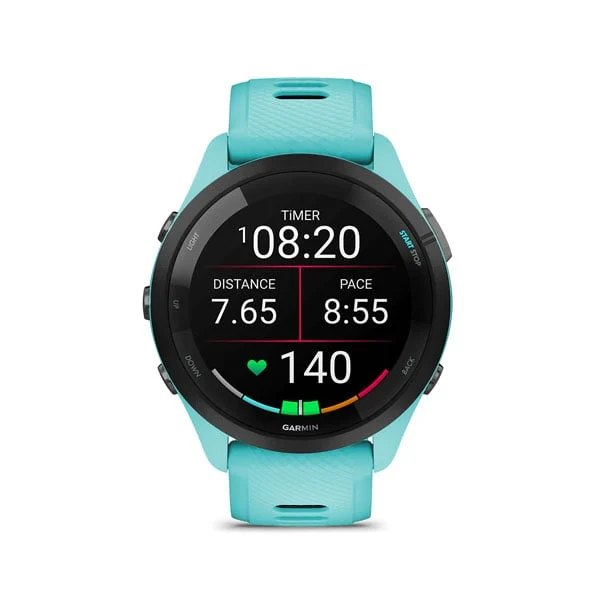 Garmin Forerunner 265 in Aqua with Aqua/Black silicone band, front running display