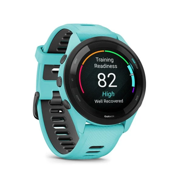 Garmin Forerunner 265 in Aqua with Aqua/Black silicone band, angled training-readiness display
