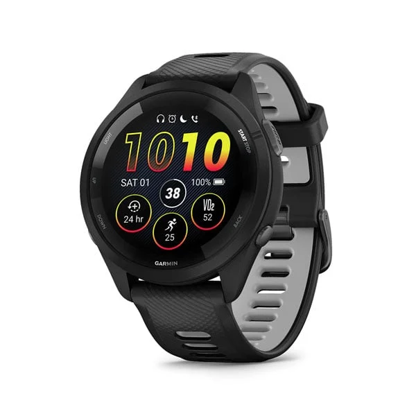 Garmin Forerunner 265 in Black with Black/Powder Gray silicone band, angled watch face