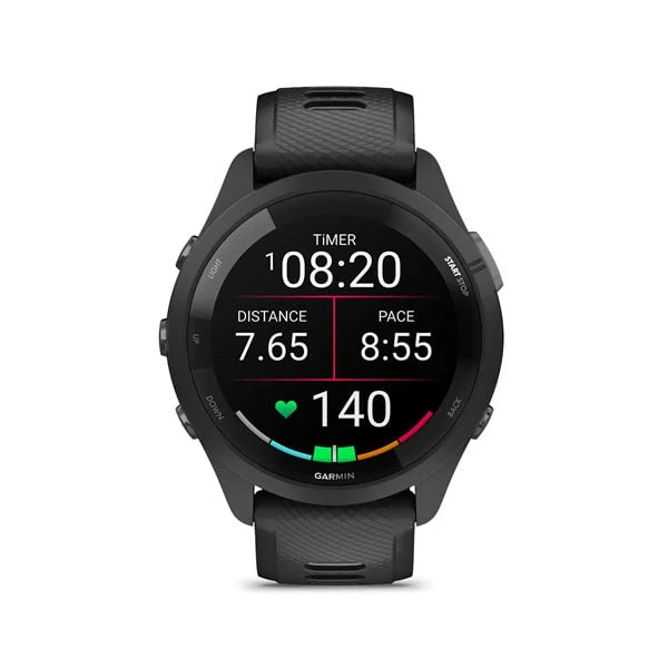 Garmin Forerunner 265 in Black with Black/Powder Gray silicone band, front running display