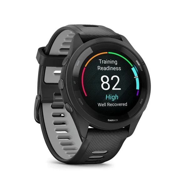 Garmin Forerunner 265 in Black with Black/Powder Gray silicone band, angled training-readiness display