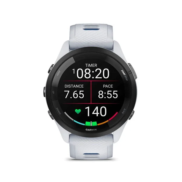 Garmin Forerunner 265 in Whitestone with Whitestone/Tidal Blue silicone band, front running display