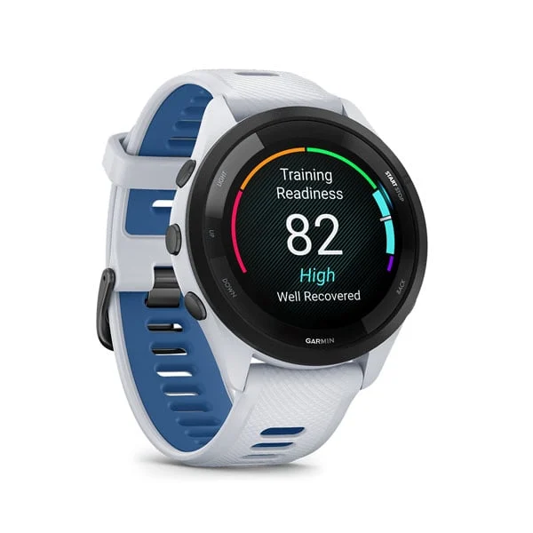 Garmin Forerunner 265 in Whitestone with Whitestone/Tidal Blue silicone band, angled training-readiness display