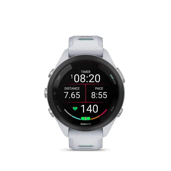 Garmin Forerunner 265S in Whitestone with Whitestone/Neo Tropic silicone band, front running display