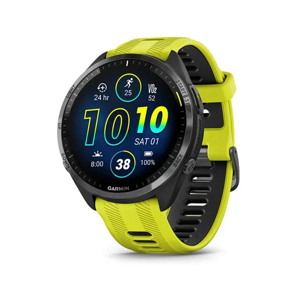 Garmin Forerunner 965 in Black with Amp Yellow/Black silicone band, angled watch face