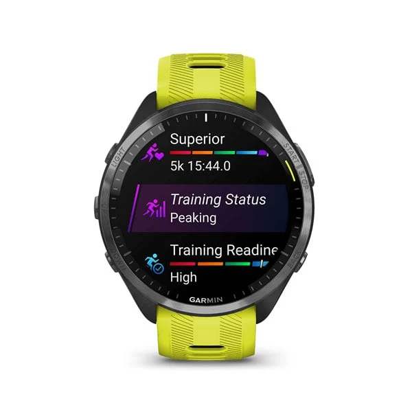 Garmin Forerunner 965 in Black with Amp Yellow/Black silicone band, front training-status display