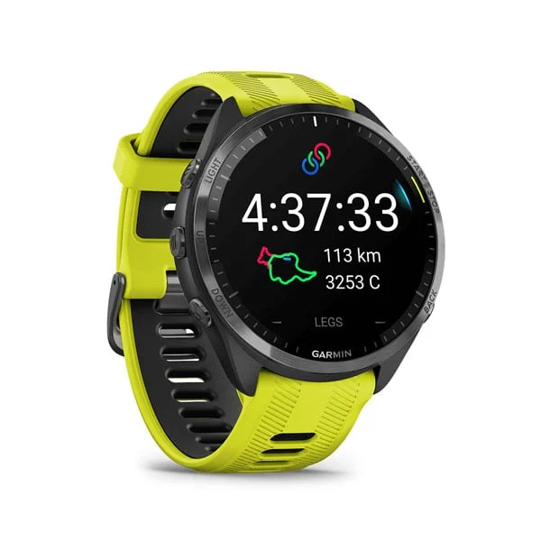 Garmin Forerunner 965 in Black with Amp Yellow/Black silicone band, angled running display