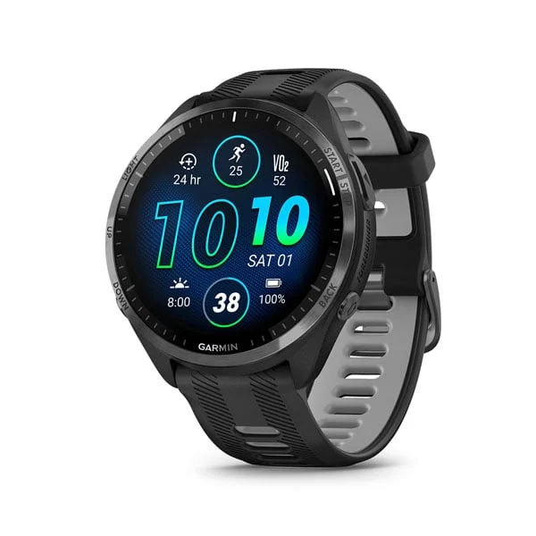 Garmin Forerunner 965 in Black with Black/Powder Gray silicone band, angled watch face