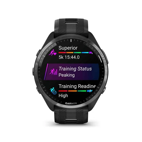 Garmin Forerunner 965 in Black with Black/Powder Gray silicone band, front training-status display