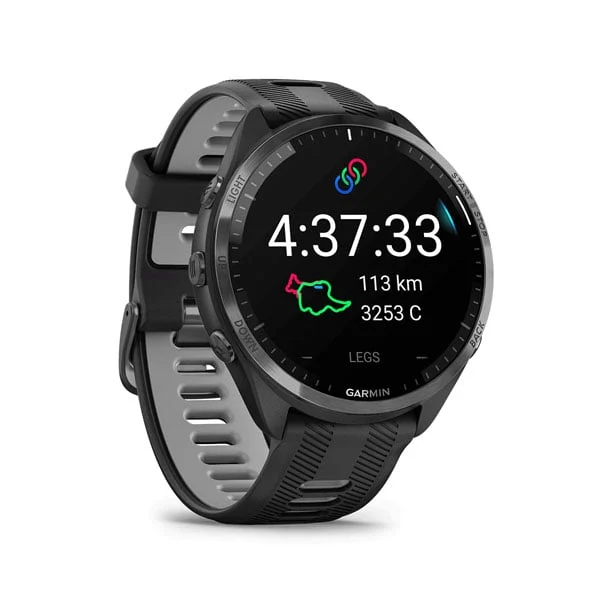 Garmin Forerunner 965 in Black with Black/Powder Gray silicone band, angled running display