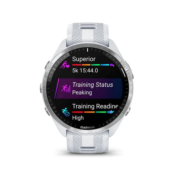 Garmin Forerunner 965 in Whitestone with Whitestone/Powder Gray silicone band, front training-status display
