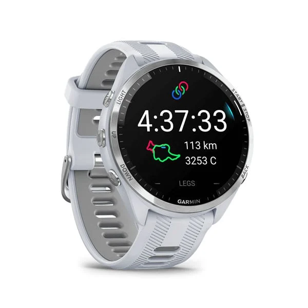 Garmin Forerunner 965 in Whitestone with Whitestone/Powder Gray silicone band, angled running display